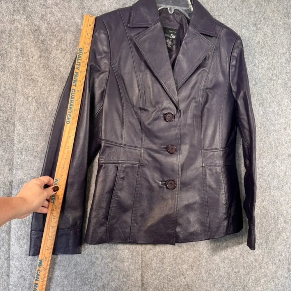 Vtg 90s Leather Blazer Jacket Womens Medium Purple Button Fitted Preppy Academia